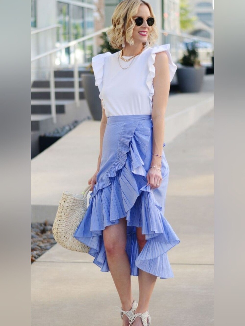 Dance & Marvel Striped Asymmetrical Ruffle Midi High-Low Skirt- In Black & White